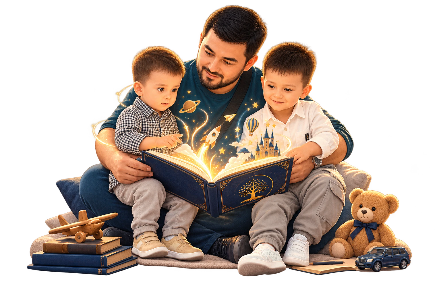 Ota-ona va bola orqa tomondan, bir-biriga yaqin o‘tirib, ochiq kitobni birga ko‘rmoqda.