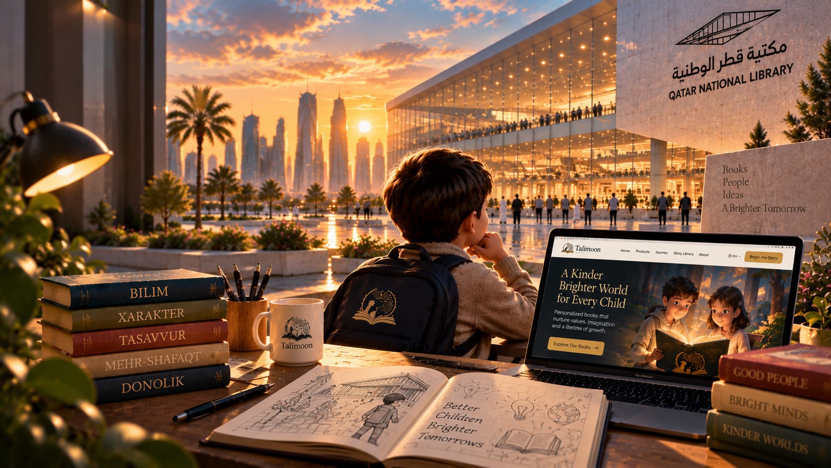 TALIMOON kundaligi · 01 uchun kinematik muqova tasviri: Qatar National Library yonida stol ustidagi kitoblar va noutbukda TALIMOON sayti.