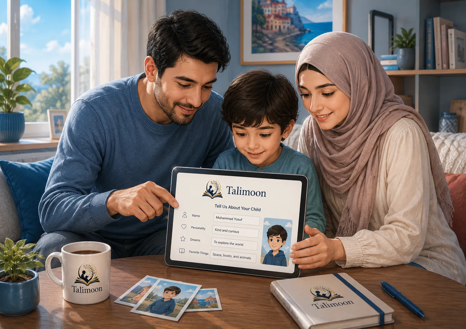 Oila birga planshetda farzandi haqidagi ma'lumotlarni to'ldirmoqda