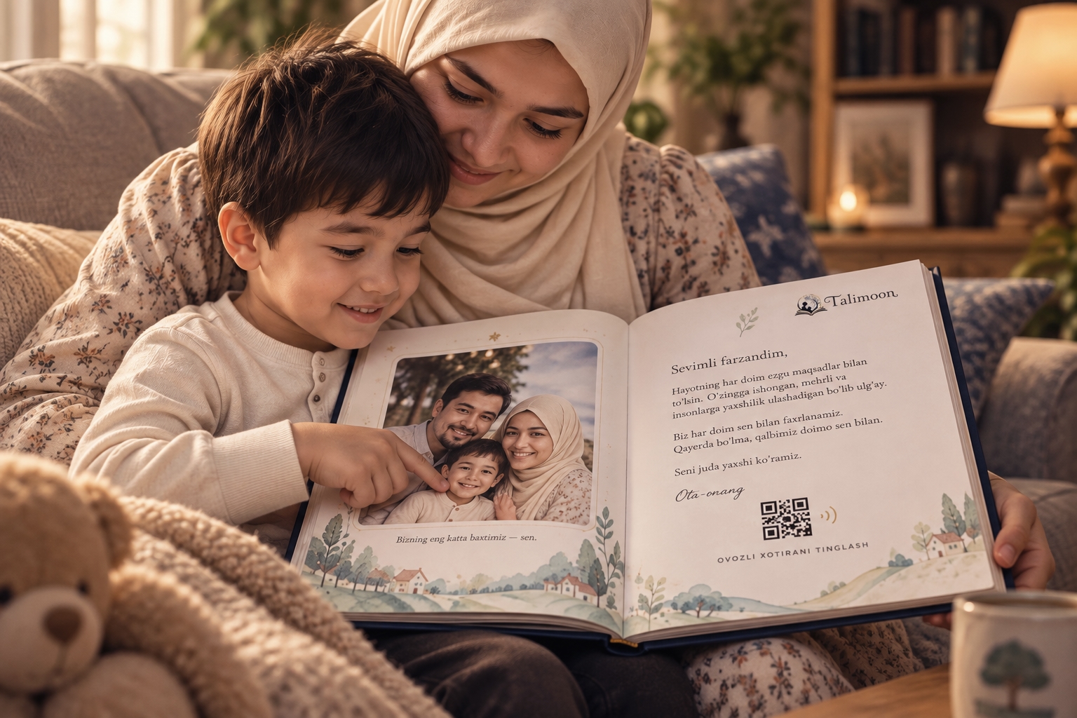 Farzand va unga kitobni taqdim etayotgan yaqin inson TALIMOON kitobi bilan birga